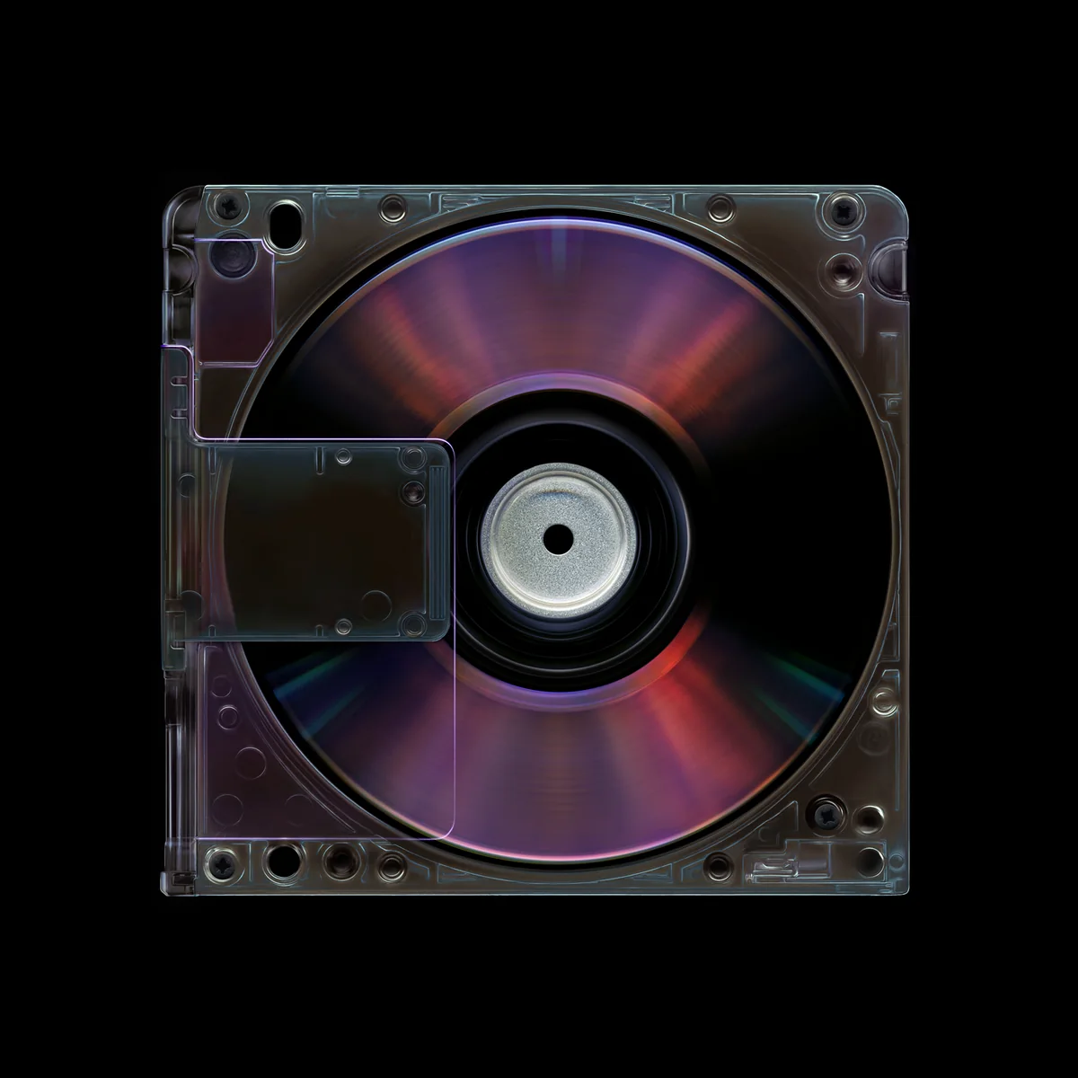 A translucent optical-disc case containing a dark iridescent disc on black.
